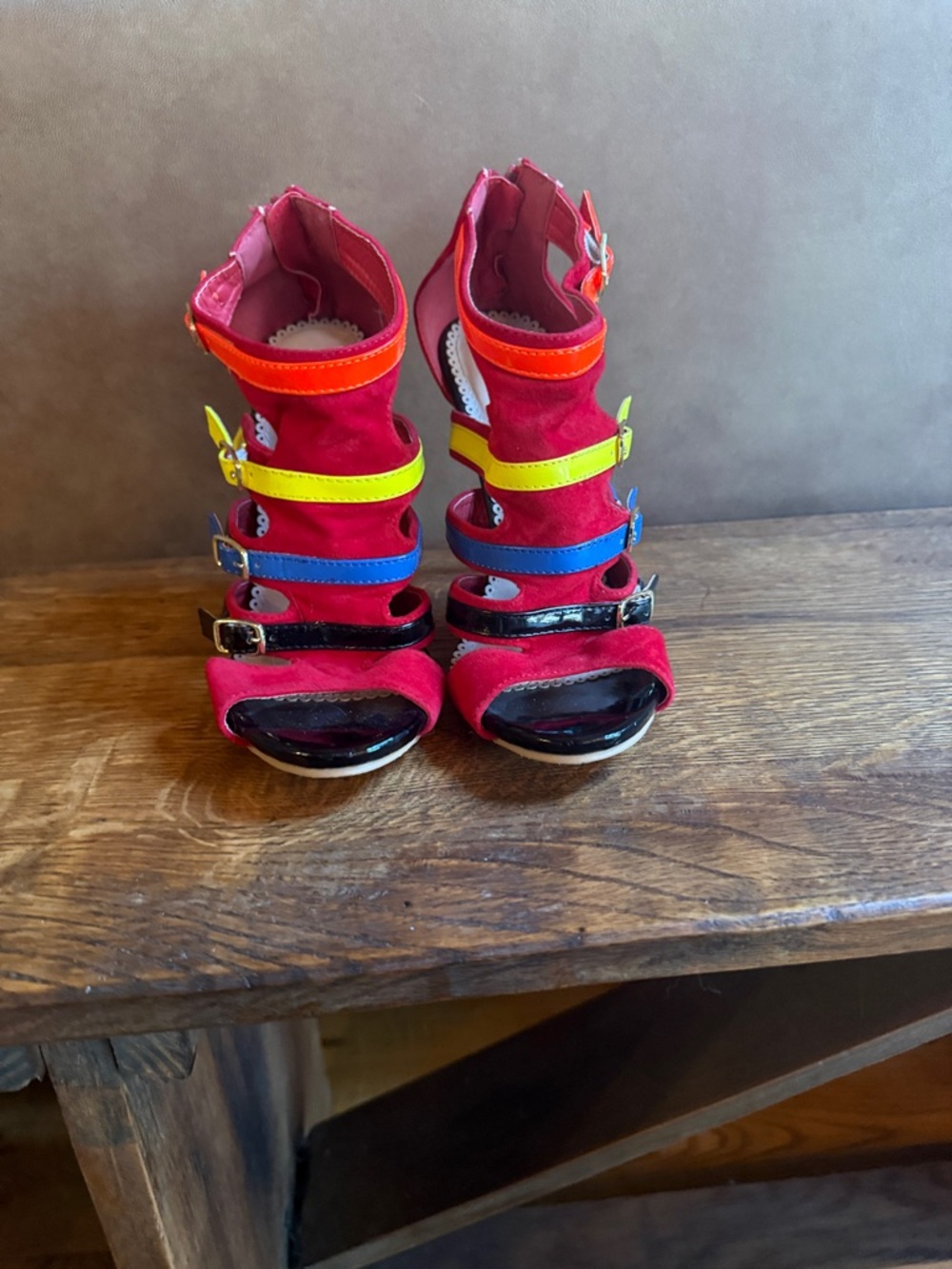 Alba Red Suede Multi-Strap Neon Buckle Heels